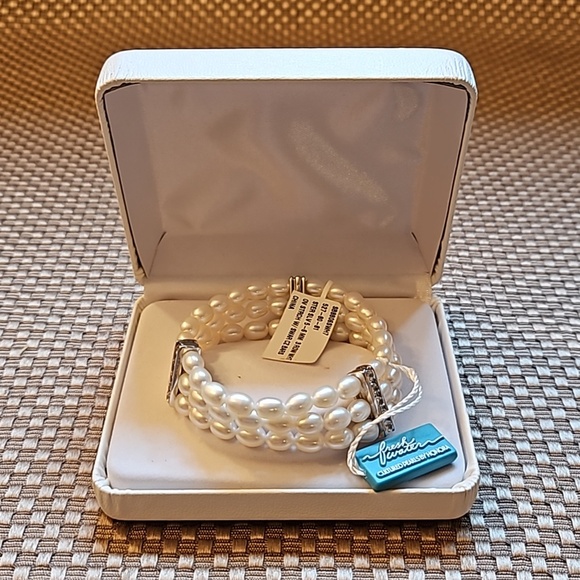 Honora Jewelry - Honora Fresh Water Oval Cultered Pearl Bracelet 3 strand w 3 Swarovski CZ Bars